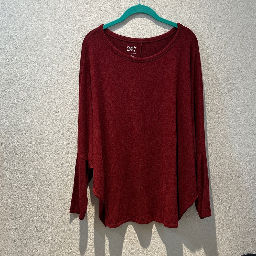 24/7 by Maurices Everyday Scoop Neck Long Sleeve Top - Deep Maroon Size XL